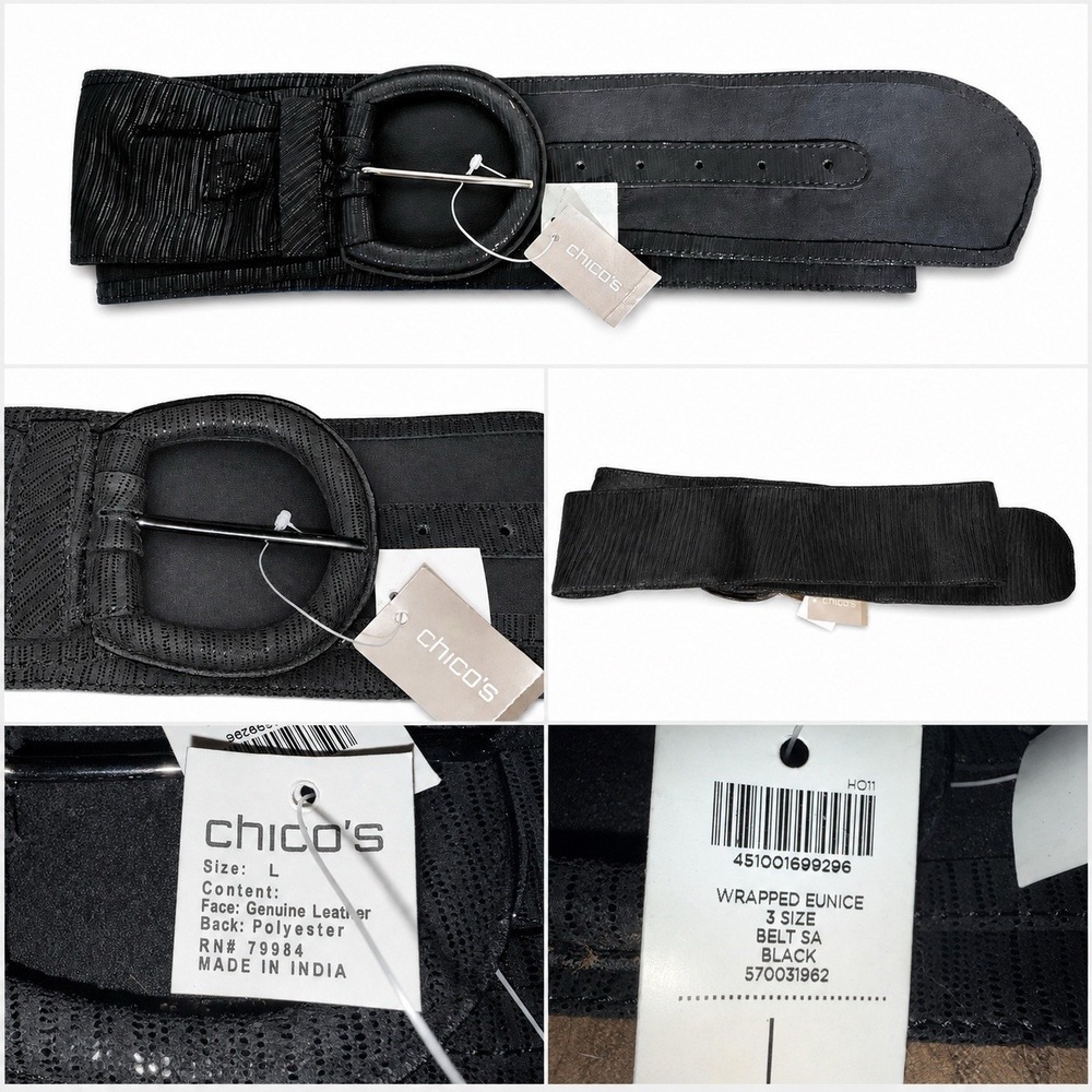 Chico's Wrapped Eunice Black Genuine Leather Wide Belt Size L 3 NWT